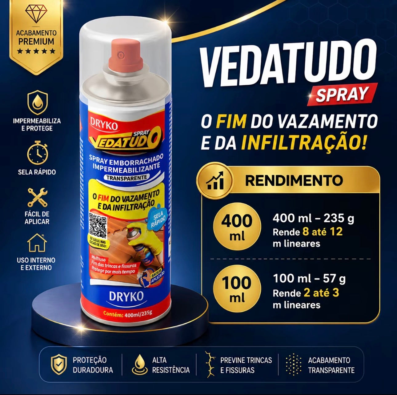🚨 KIT COMPLETO 5 CORES – LEVE TODOS OS SPRAYS VEDATUDO IMPERMEABILIZANTE 400ML + LUVAS, ESPÁTULA E FITA VEDA TRINCA 🔥