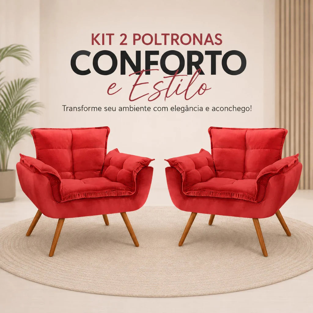 Kit 2 Poltronas Opala Estofadas Design Moderno Sala de Estar + Brinde exclusivo - Puff