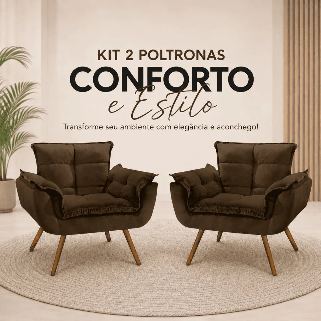 Kit 2 Poltronas Opala Estofadas Design Moderno Sala de Estar + Brinde exclusivo - Puff