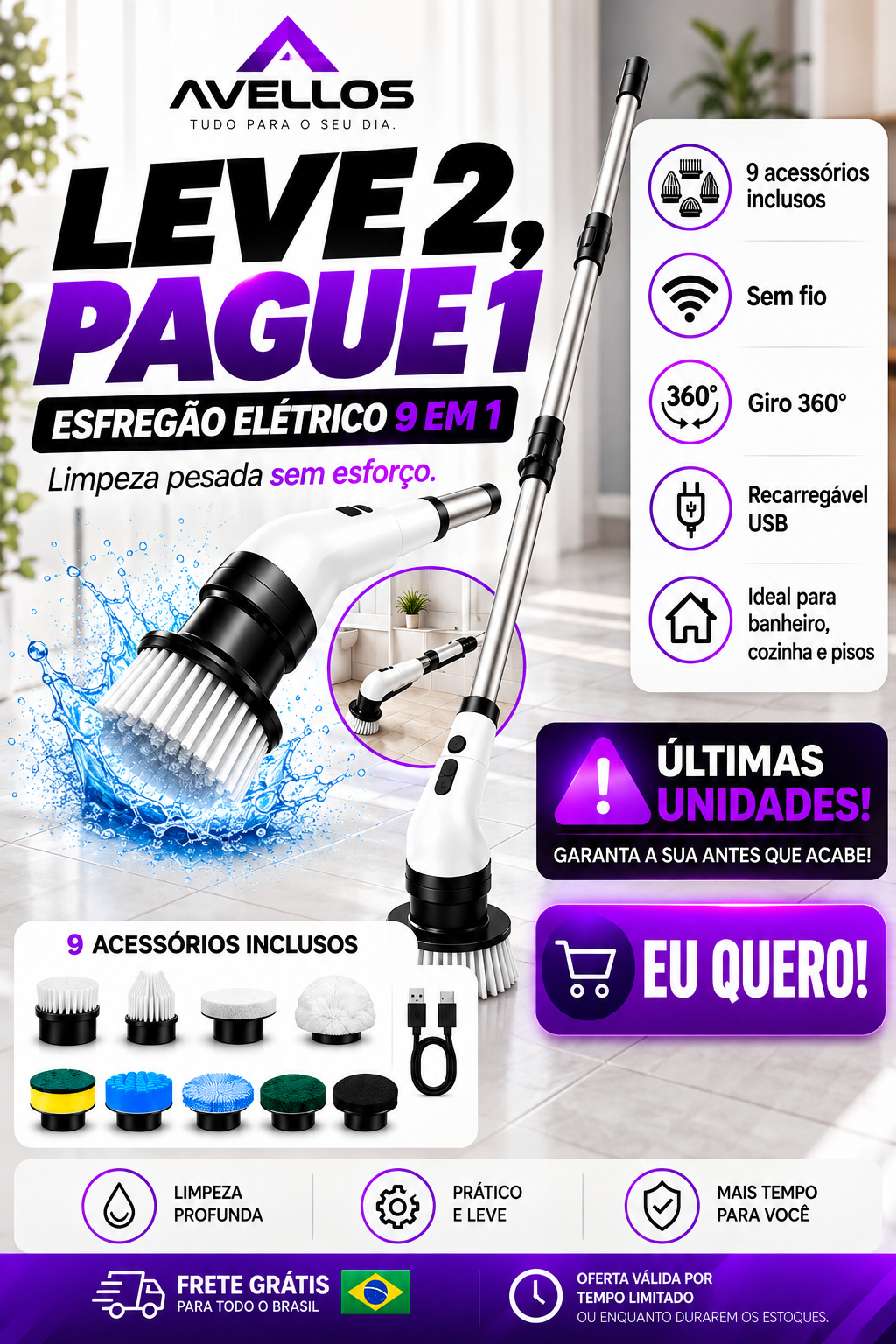 🚨 [LEVE 2, PAGUE 1] ESFREGÃO ELÉTRICO 9 EM 1 SEM FIO – LIMPEZA PESADA, GIRO 360° E RECARREGÁVEL | QUEIMA DE ESTOQUE: RESTAM APENAS 13 UNIDADES 🔥🔥