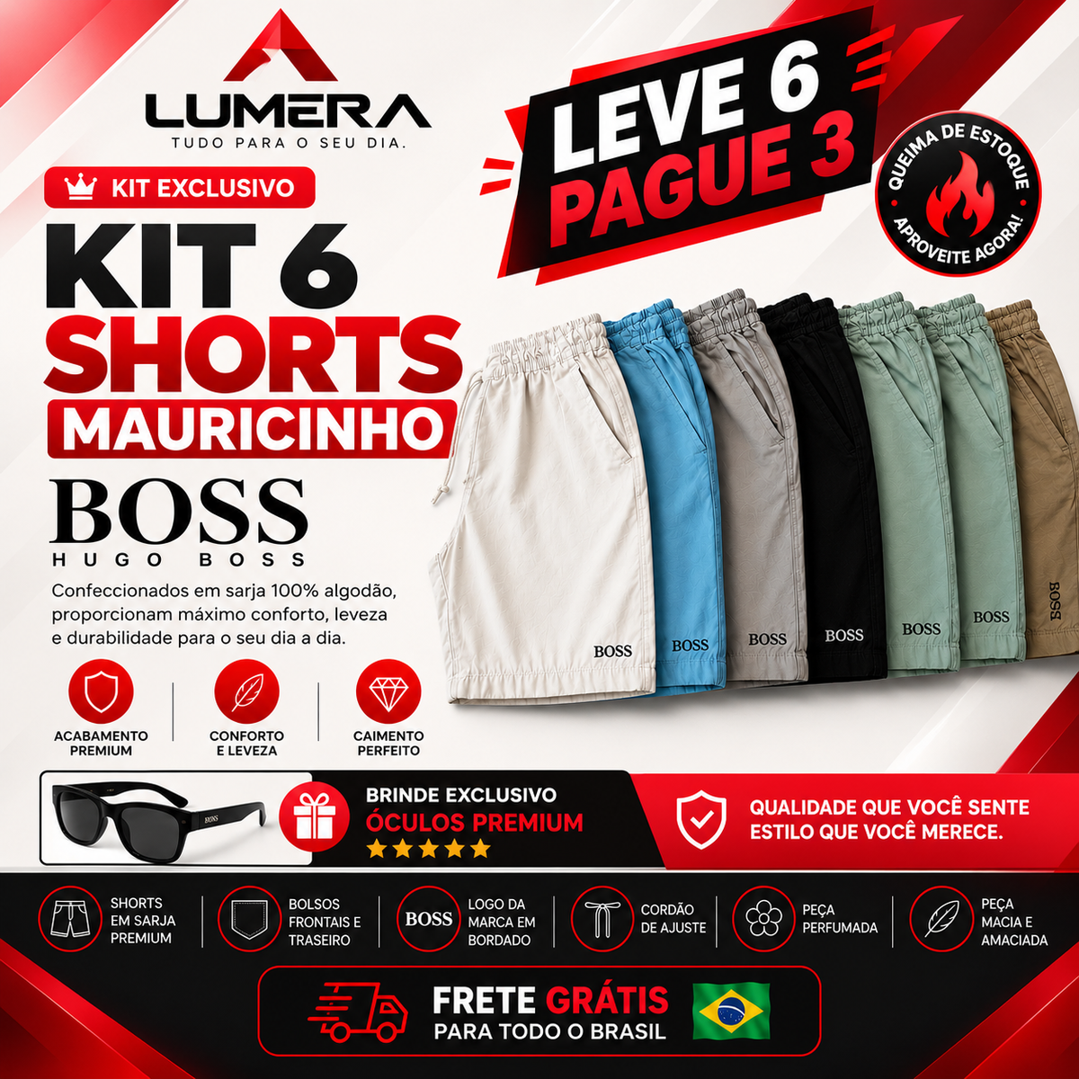🚨[LEVE 6, PAGUE 3] KIT 6 SHORTS MAURICINHO HUGO BOSS + ÓCULOS DE BRINDE 🎁 !! QUEIMA DE ESTOQUE RESTAM APENAS 20 UNIDADES 🔥🔥