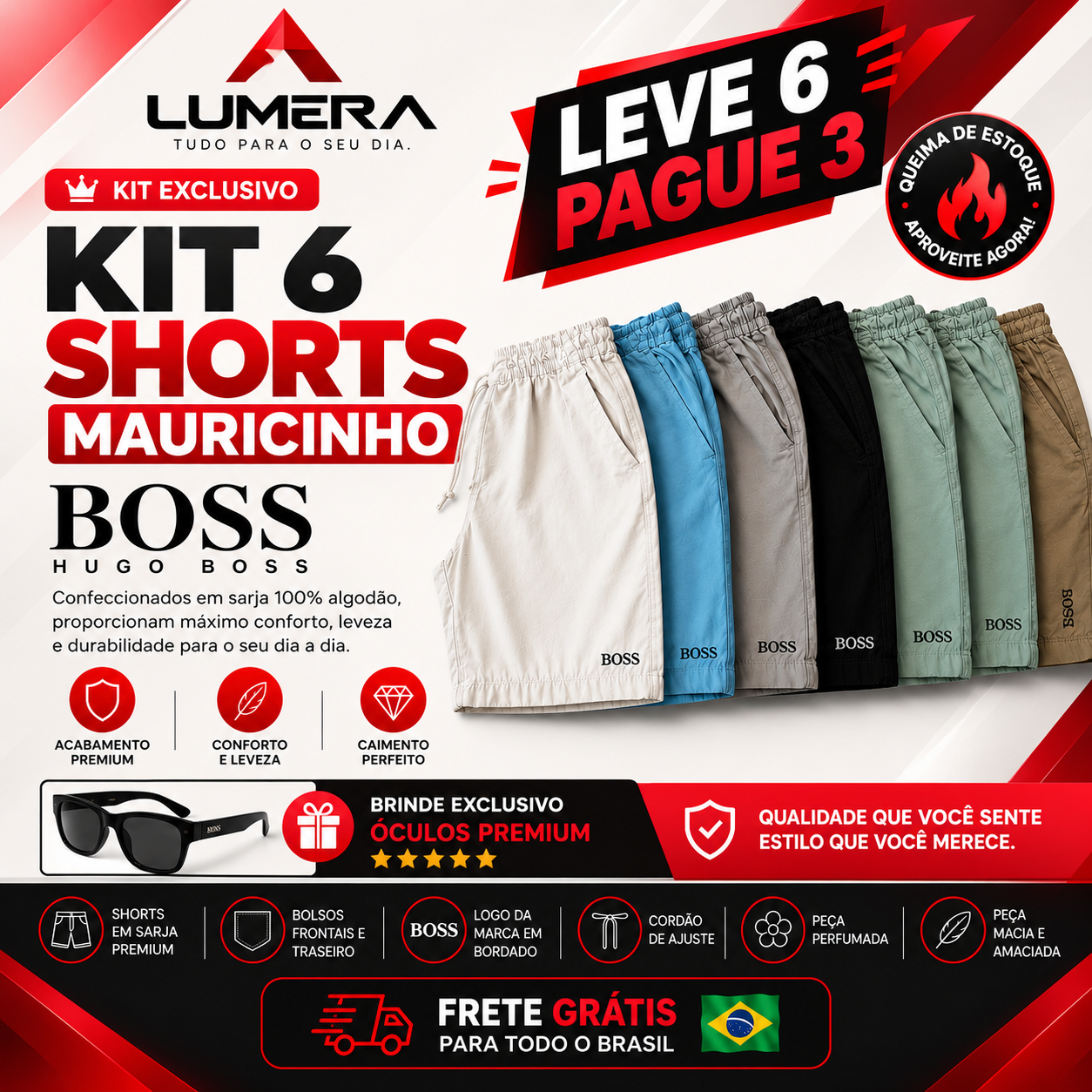 🚨[LEVE 6, PAGUE 3] KIT 6 SHORTS MAURICINHO HUGO BOSS + ÓCULOS DE BRINDE 🎁 !! QUEIMA DE ESTOQUE RESTAM APENAS 20 UNIDADES 🔥🔥