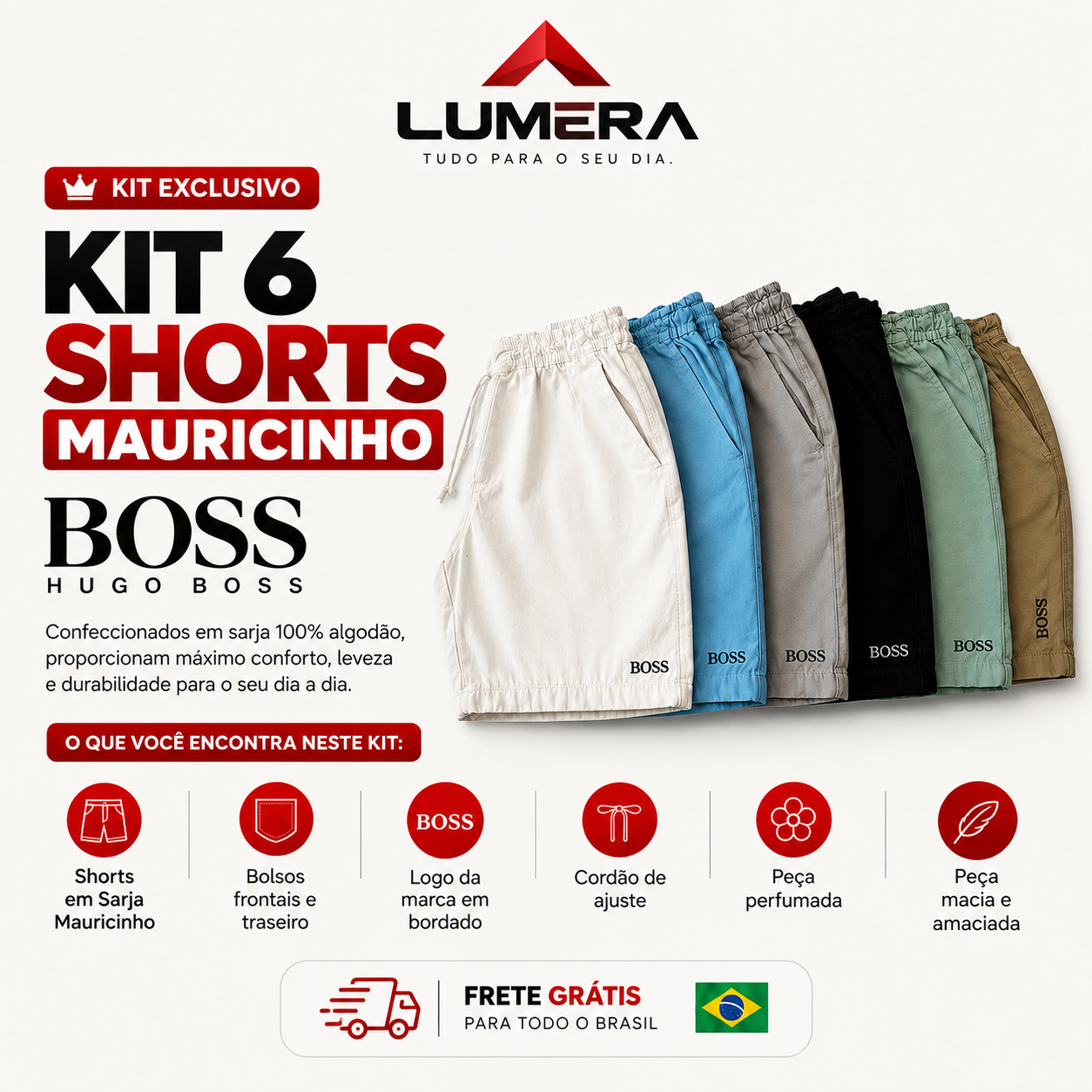 🚨[LEVE 6, PAGUE 3] KIT 6 SHORTS MAURICINHO HUGO BOSS + ÓCULOS DE BRINDE 🎁 !! QUEIMA DE ESTOQUE RESTAM APENAS 20 UNIDADES 🔥🔥
