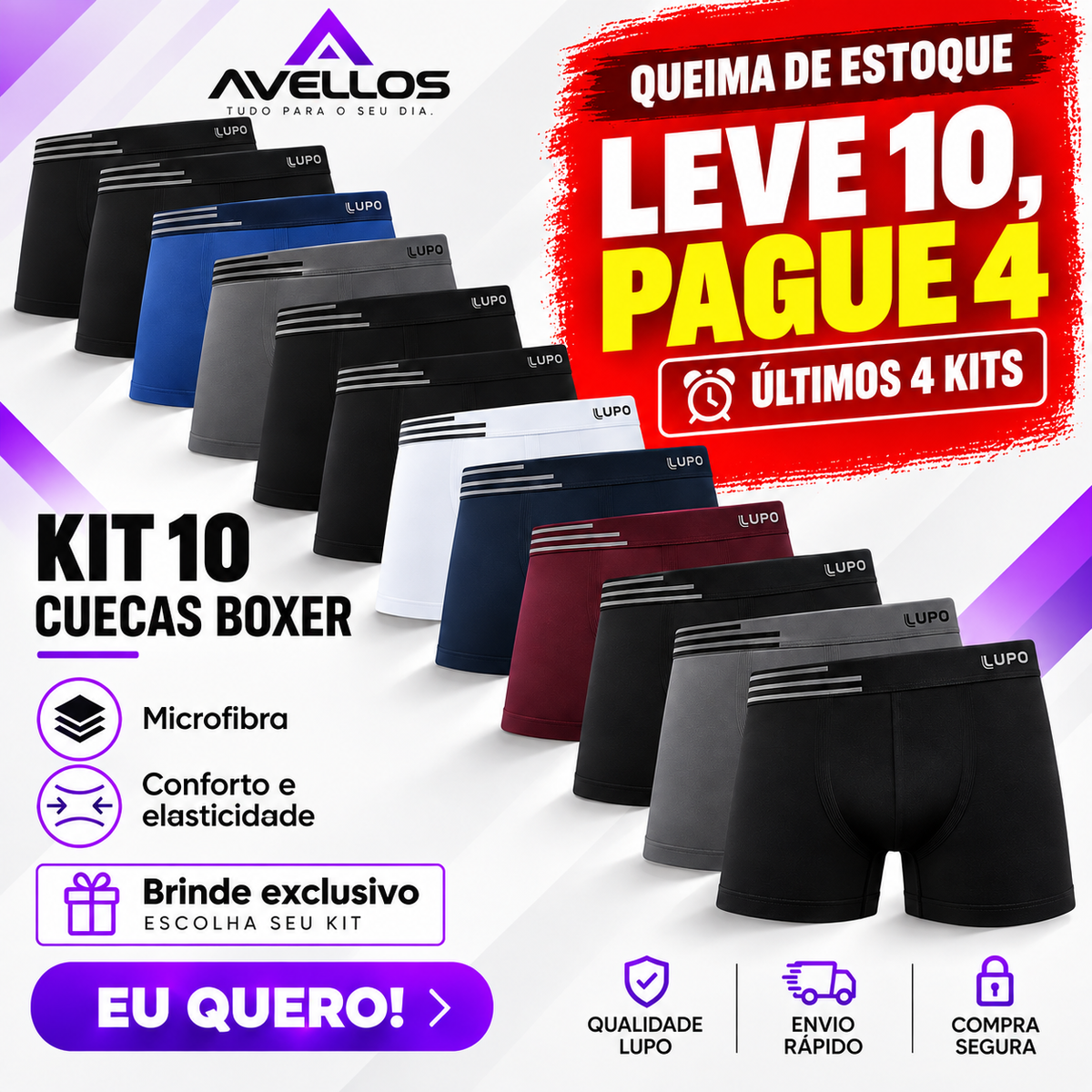 🚨 [LEVE 10, PAGUE 4] KIT 10 CUECAS BOXER LUPO + NECESSAIRE MASCULINA DE BRINDE 🎁 | QUEIMA DE ESTOQUE: ÚLTIMOS 4 KITS DISPONÍVEIS 🔥