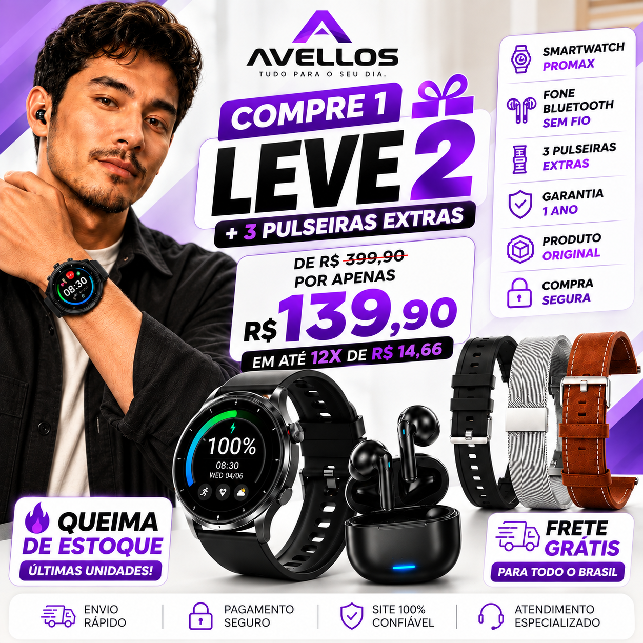 ⌚ [COMPRE 1 LEVE 2] 🎁 SMARTWATCH PROMAX + FONE BLUETOOTH + 3 PULSEIRAS EXTRAS 🔥 QUEIMA DE ESTOQUE 🚨