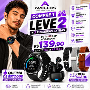 ⌚ [COMPRE 1 LEVE 2] 🎁 SMARTWATCH PROMAX + FONE BLUETOOTH + 3 PULSEIRAS EXTRAS 🔥 QUEIMA DE ESTOQUE 🚨