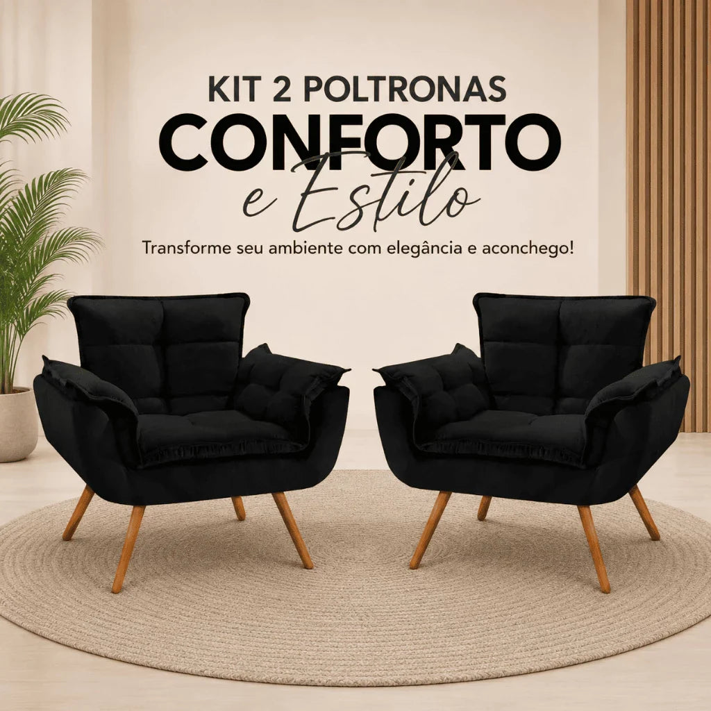 Kit 2 Poltronas Opala Estofadas Design Moderno Sala de Estar + Brinde exclusivo - Puff