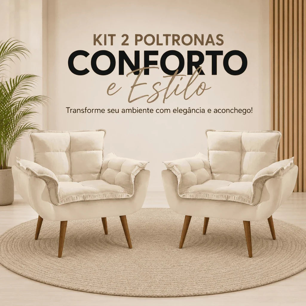 Kit 2 Poltronas Opala Estofadas Design Moderno Sala de Estar + Brinde exclusivo - Puff