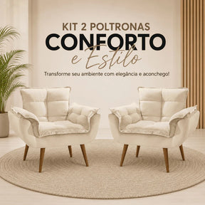 Kit 2 Poltronas Opala Estofadas Design Moderno Sala de Estar + Brinde exclusivo - Puff
