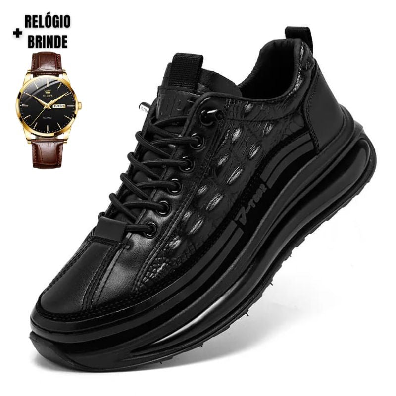 Tênis Masculino Estilo Couro De Crocodilo + Relogio de Brinde [Black-Friday]